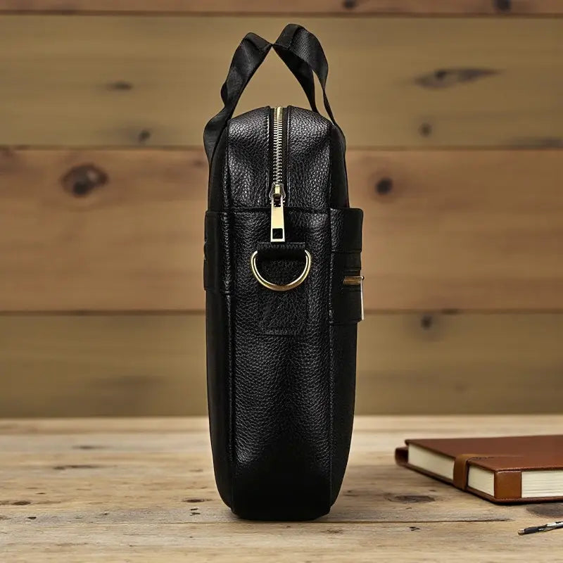 Vue latérale du sac ordinateur noir en cuir véritable avec anneau doré