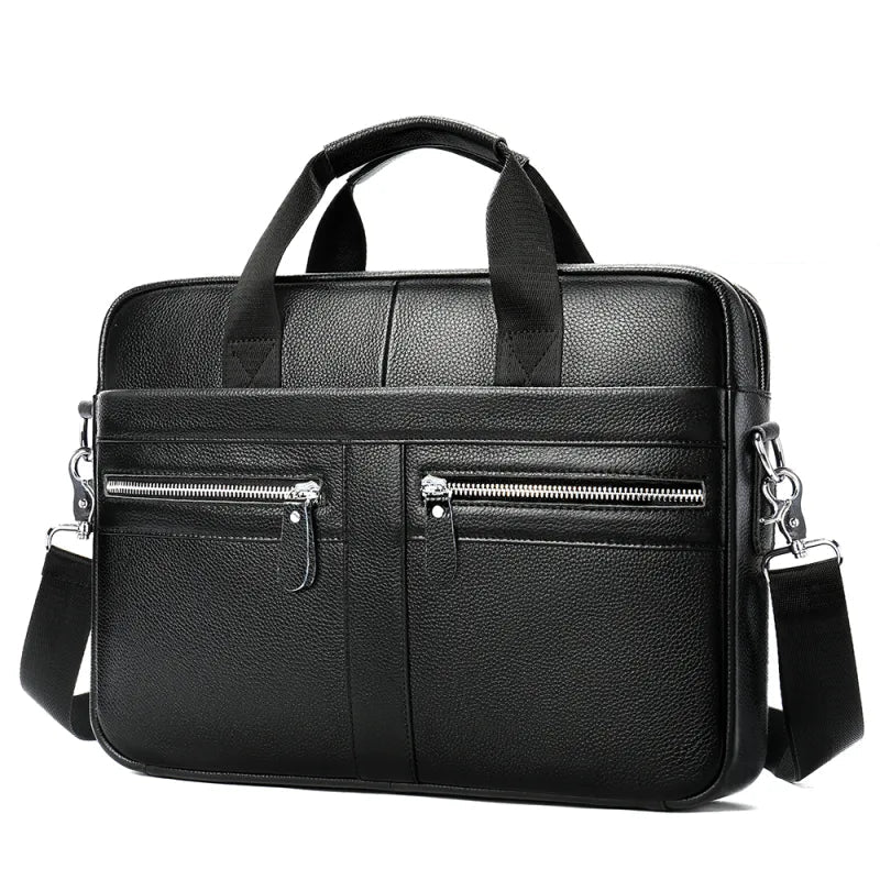 Sac ordinateur homme en cuir véritable noir avec poches zippées avant