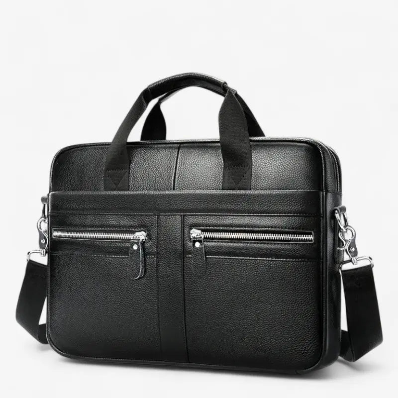Sac ordinateur homme en cuir véritable noir avec poches zippées avant