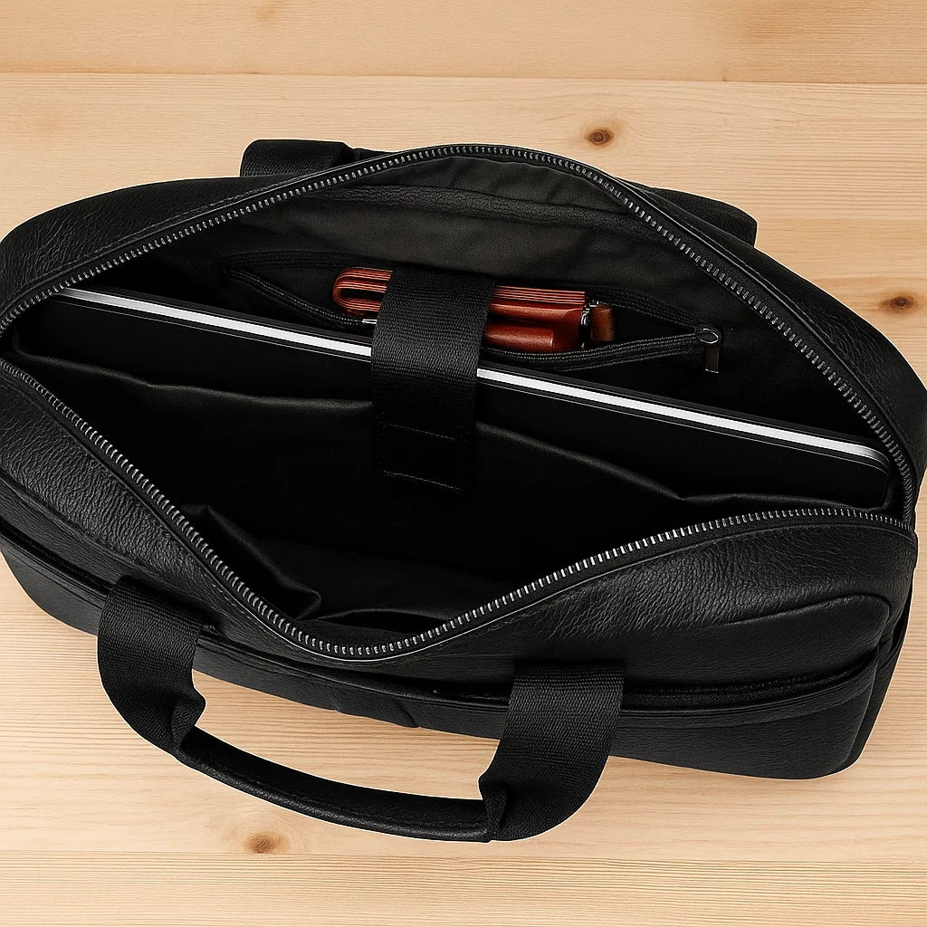 Intérieur du sac en cuir noir avec ordinateur portable 15 pouces