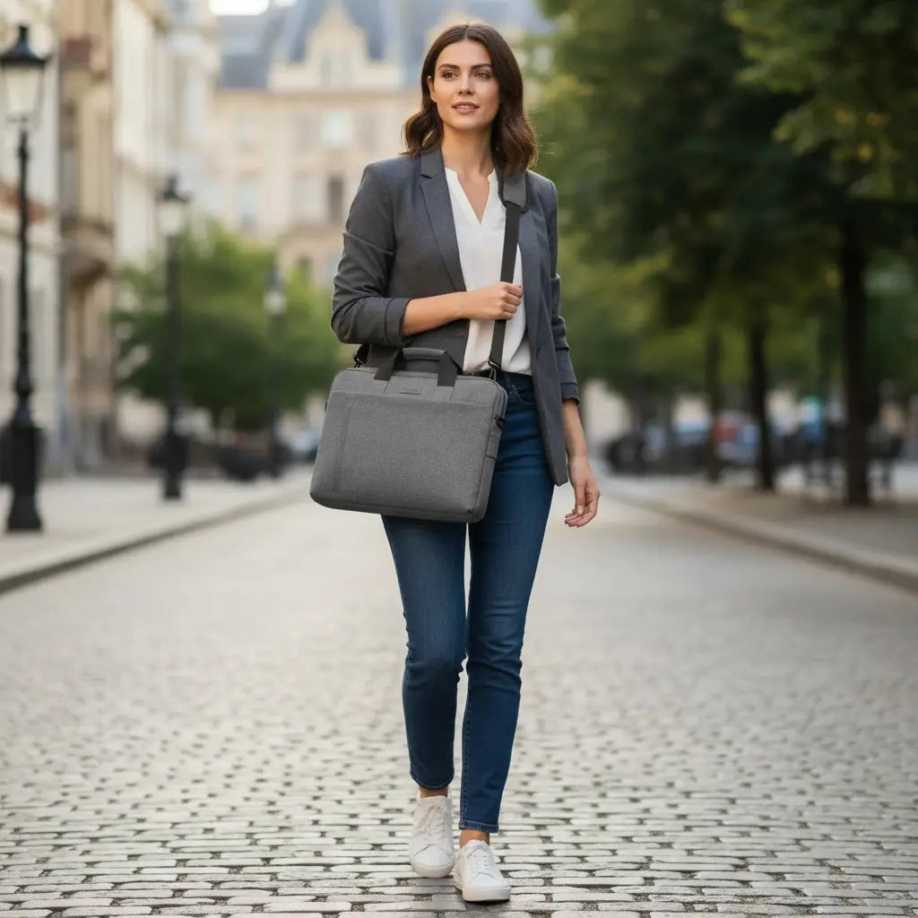 Femme marchant en ville avec un sac pour ordinateur portable gris à la main.
