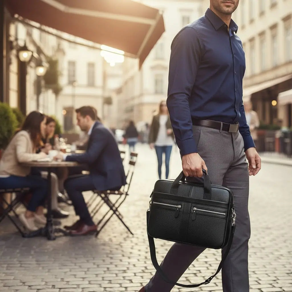 Homme portant un sac ordinateur en cuir véritable à la main dans une rue piétonne