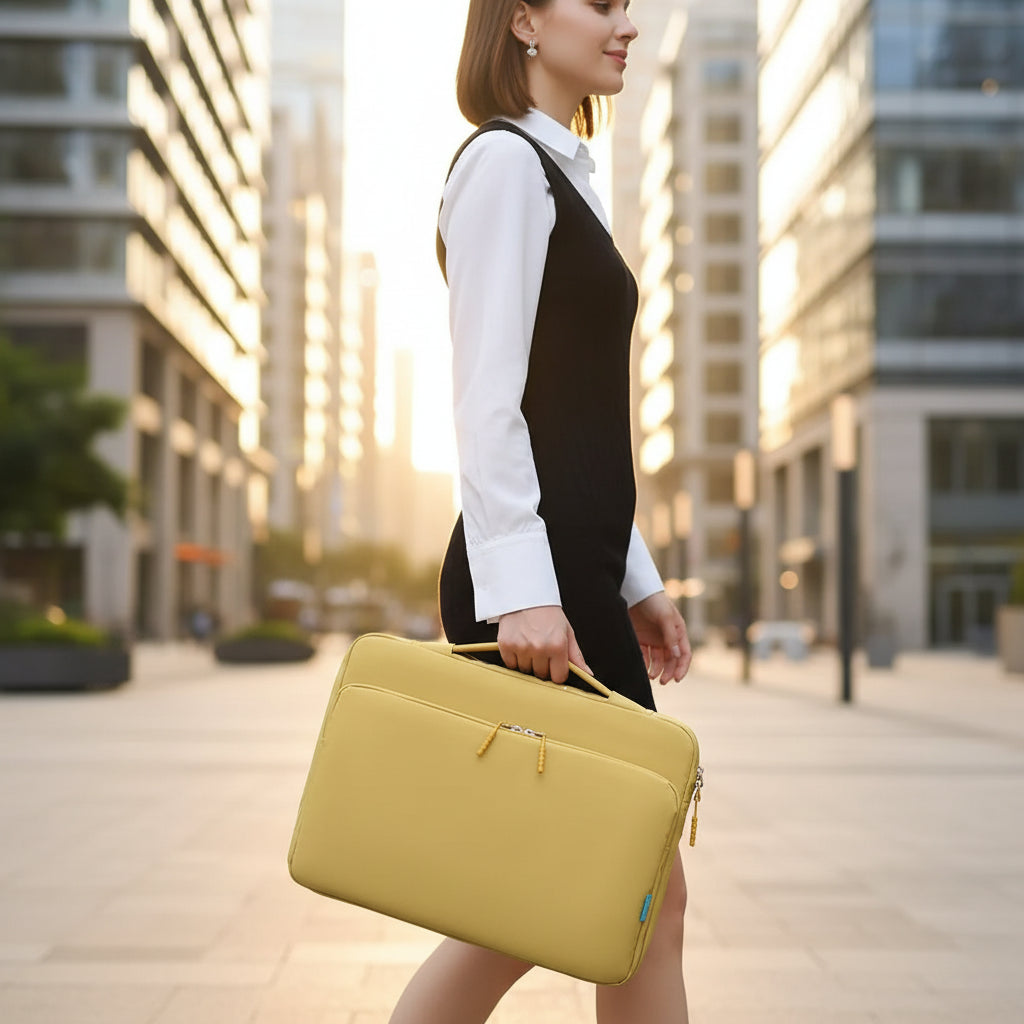 Sac ordinateur jaune antichoc porté à la main en extérieur