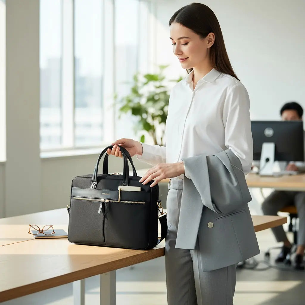 Sac ordinateur noir posé sur un bureau moderne tenue par une femme