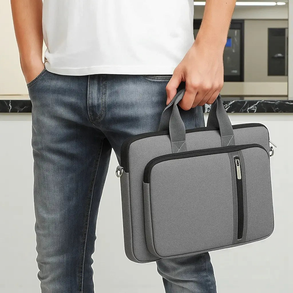 Sac pour ordinateur portable gris porté à la main avec poignées renforcées