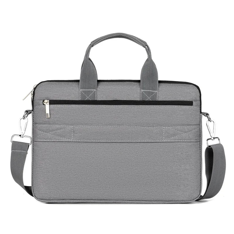 Vue arrière du sac pour ordinateur portable gris avec poche zippée