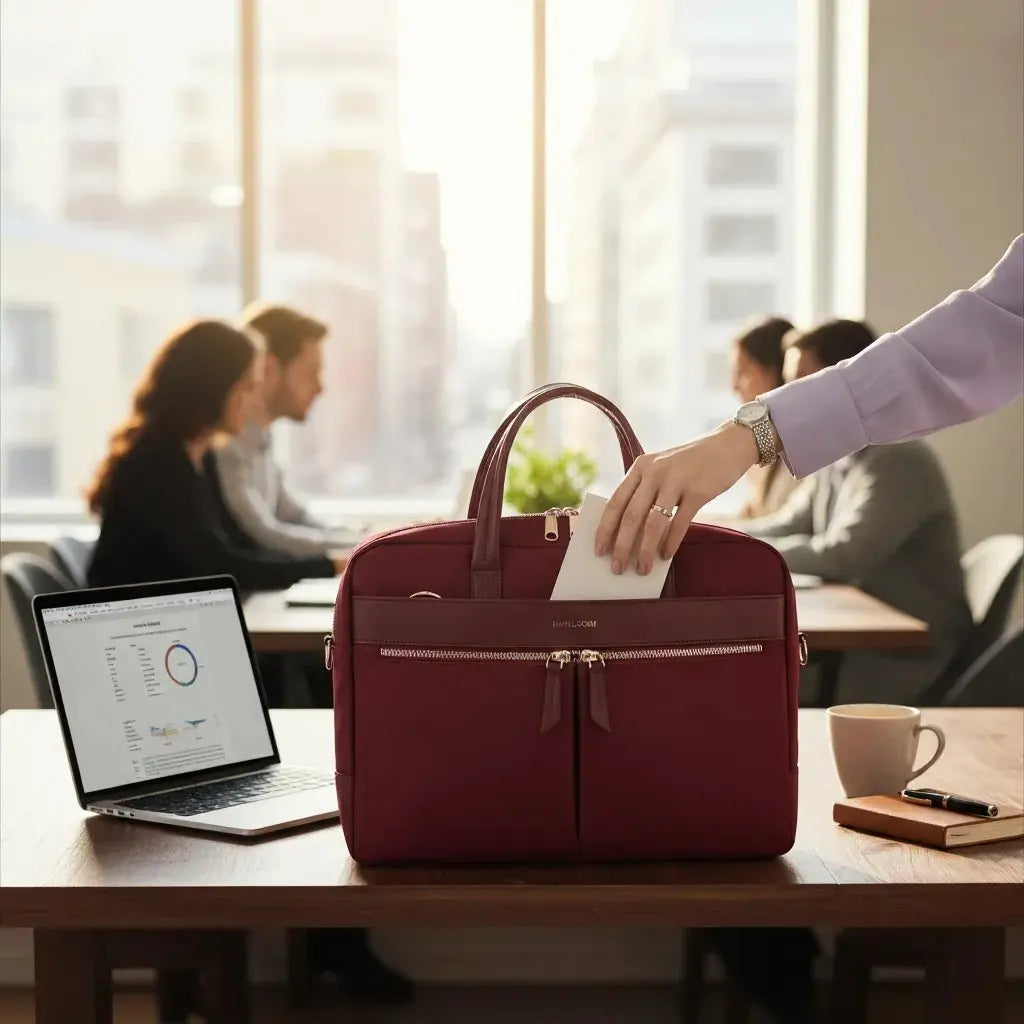 Sac ordinateur rouge sur une table de bureau avec ordinateur portable