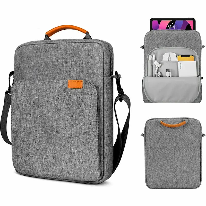 Sac pour ordinateur portable ou tablette gris clair vu de face avec poche avant