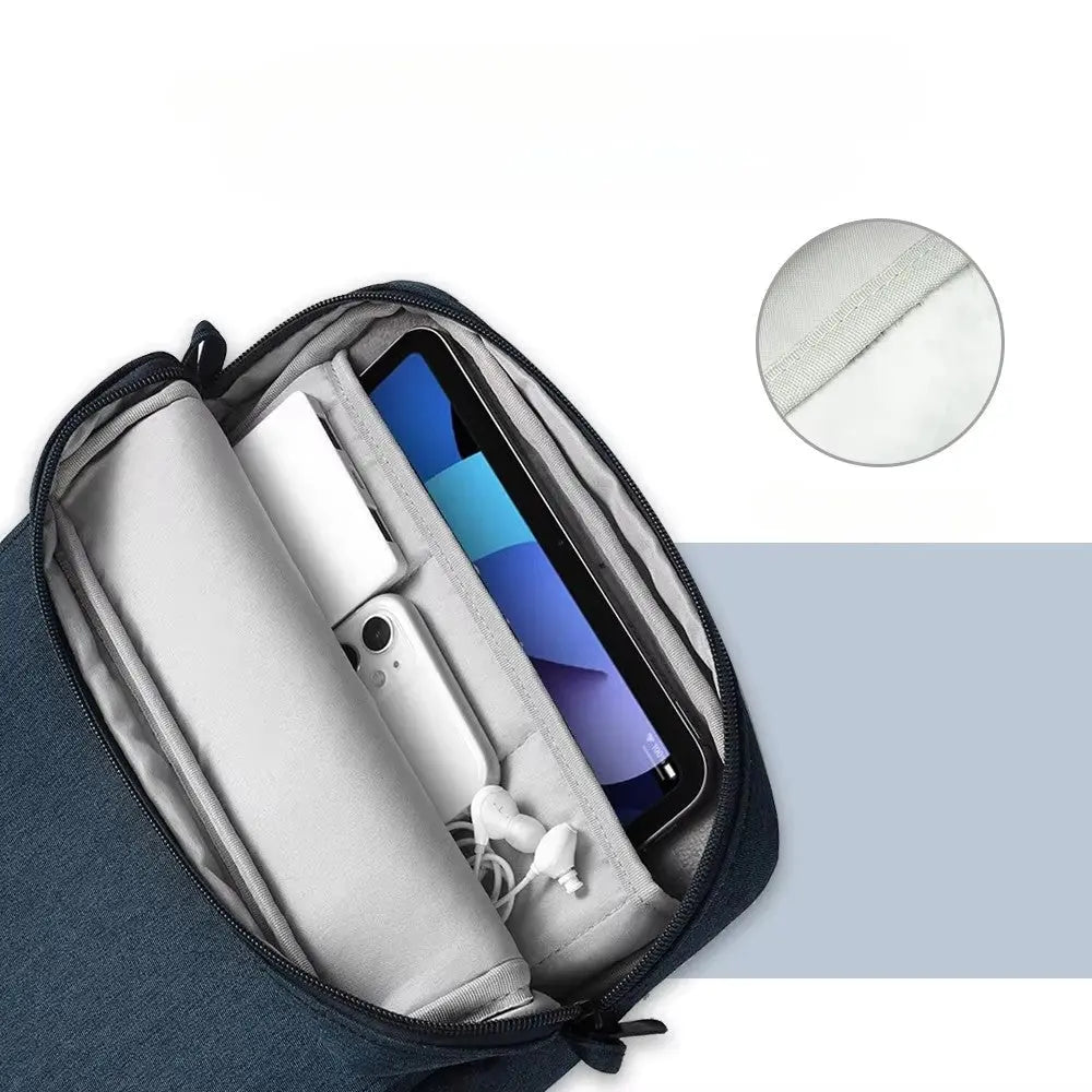 Sac pour ordinateur portable ou tablette gris foncé ouvert avec rangement intérieur et compartiments