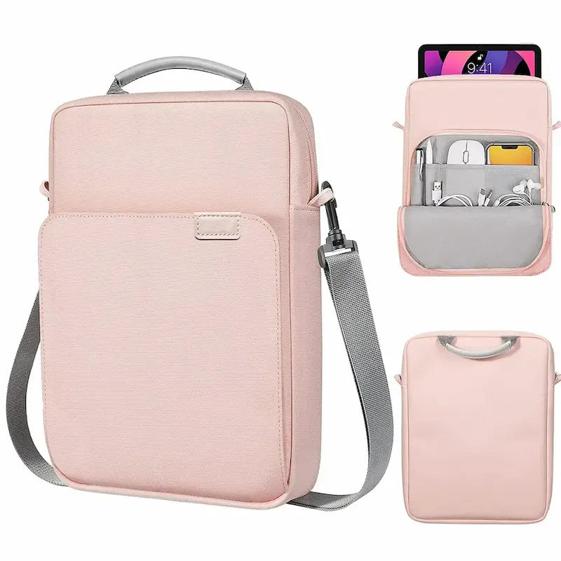 Sac pour ordinateur portable ou tablette rose clair vu de face avec poche avant