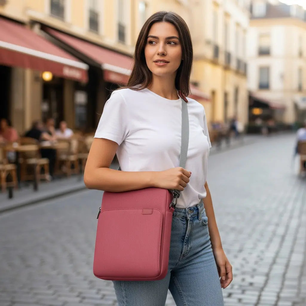 Sac pour ordinateur portable ou tablette rose porté à l'épaule avec bandoulière réglable