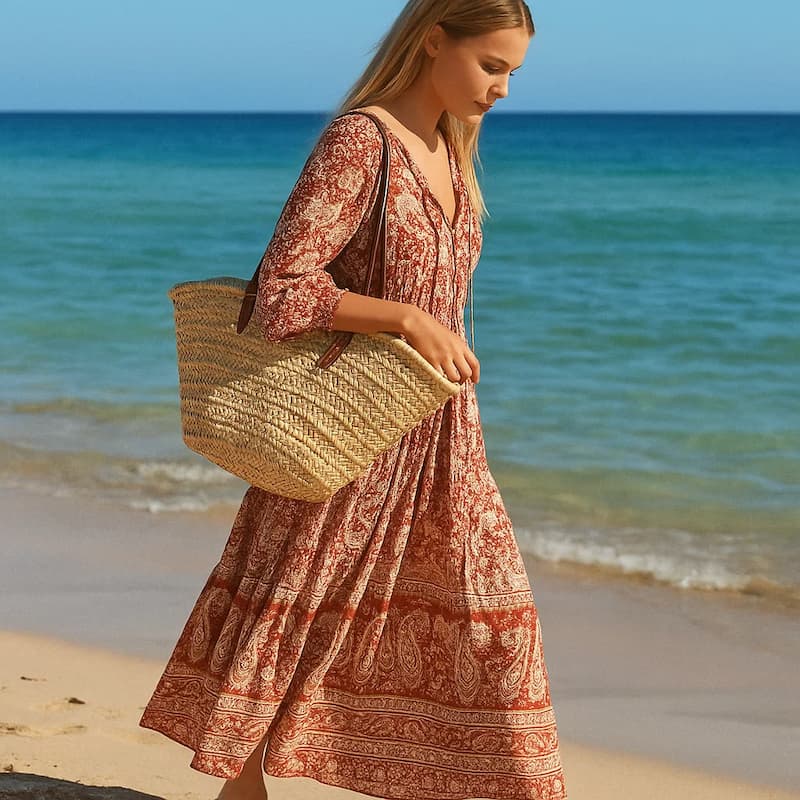 Femme portant un sac cabas en paille sur la plage avec robe d’été