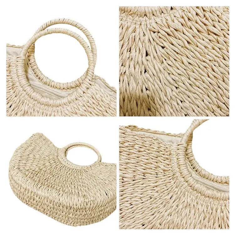 Détails du sac en paille forme coquillage avec gros plan sur la texture et les anses rigides