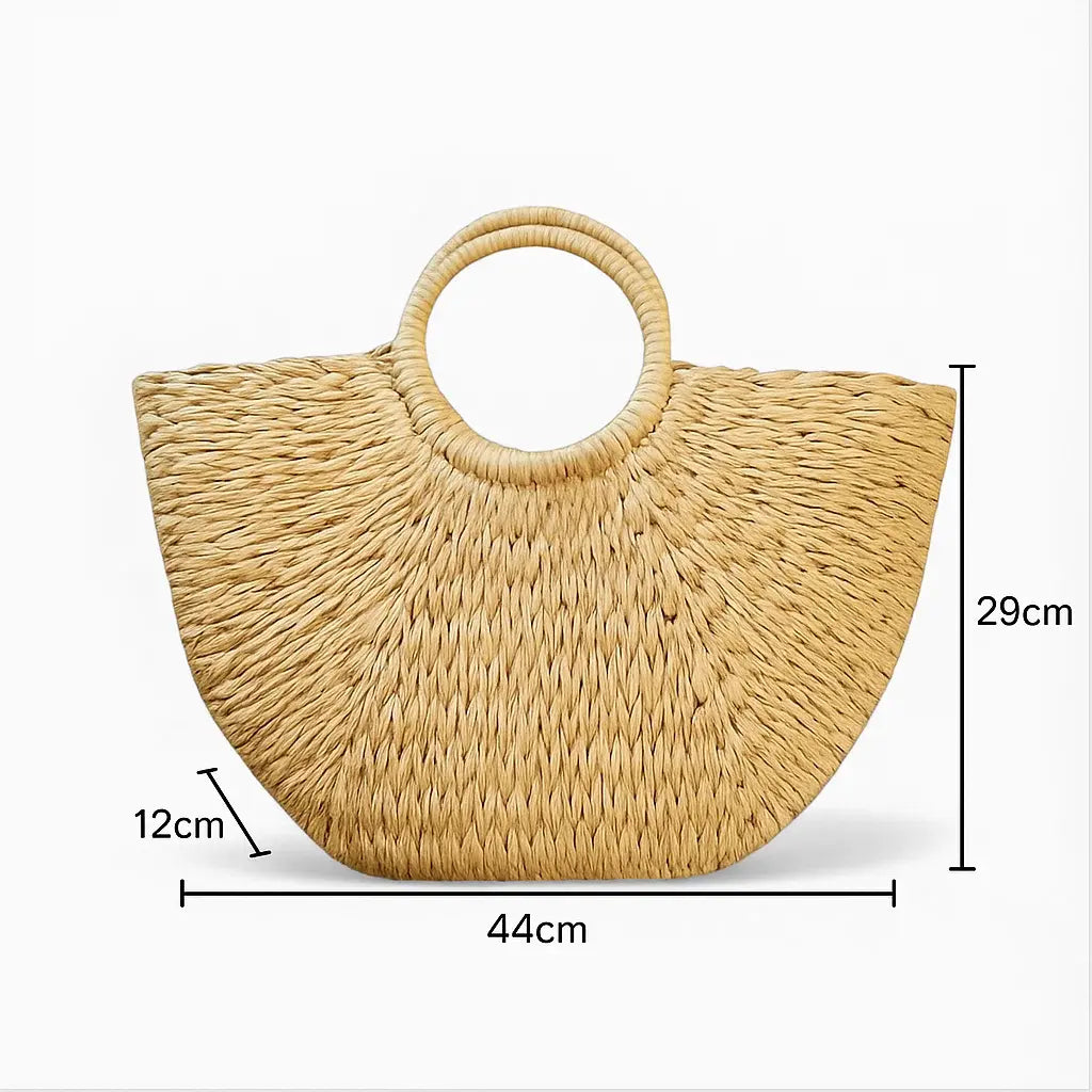 Sac en paille forme coquillage avec anses rondes rigides, vue technique avec dimensions