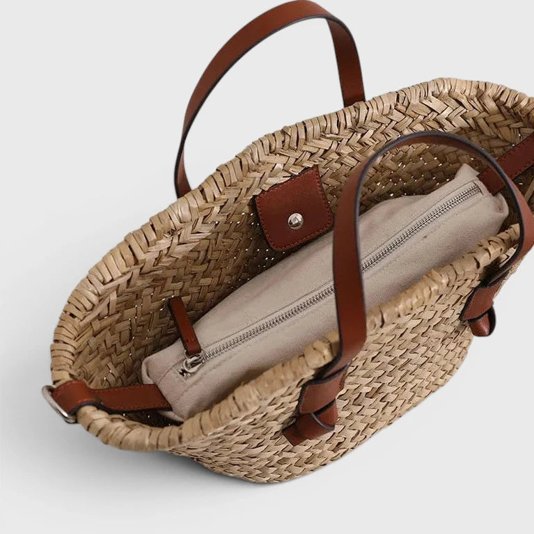 intérieur sac cabas paille avec pochette amovible et fermeture pression
