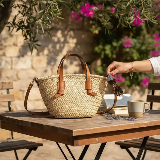 sac cabas paille posé sur table avec café ambiance bohème chic
