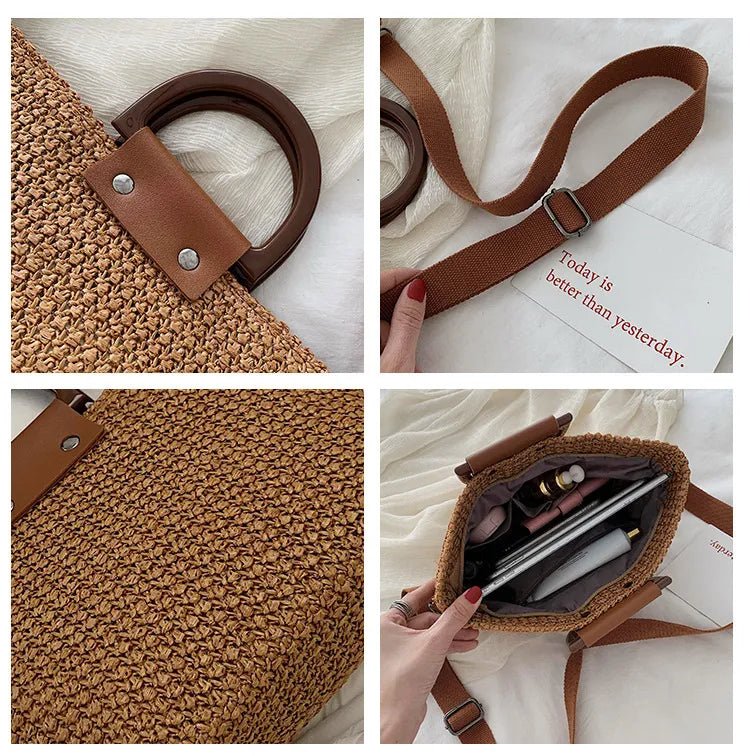 Détails du sac en paille tressée avec anse rigide et intérieur visible