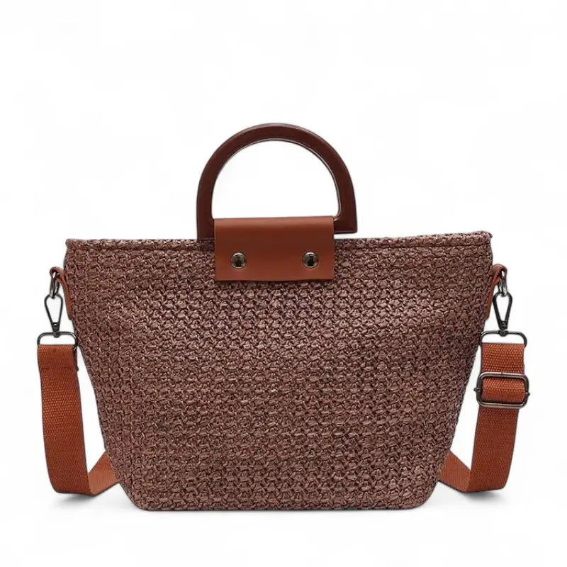 Sac en paille tressée marron foncé avec anse rigide et bandoulière réglable