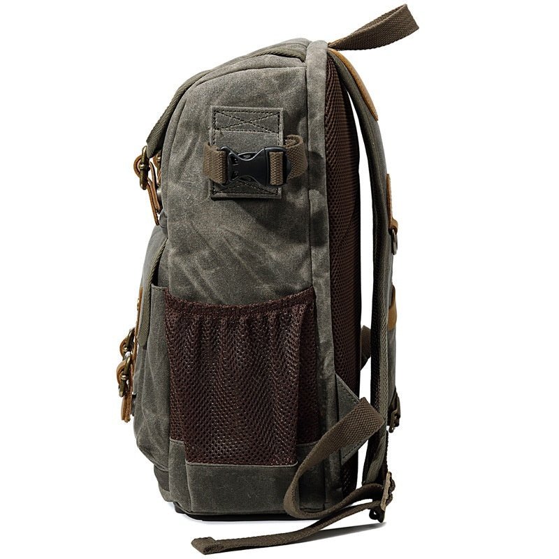 vue latérale du sac photo gris avec poche filet latérale