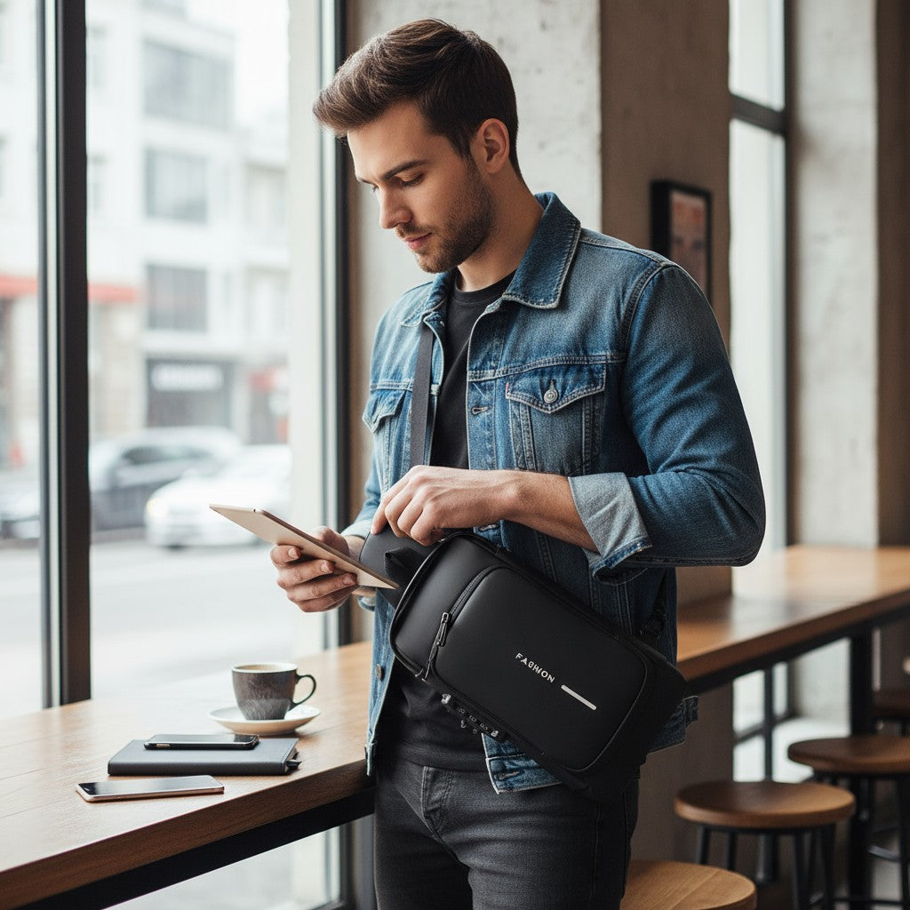 Sac de poitrine antivol homme noir avec port USB posé au café