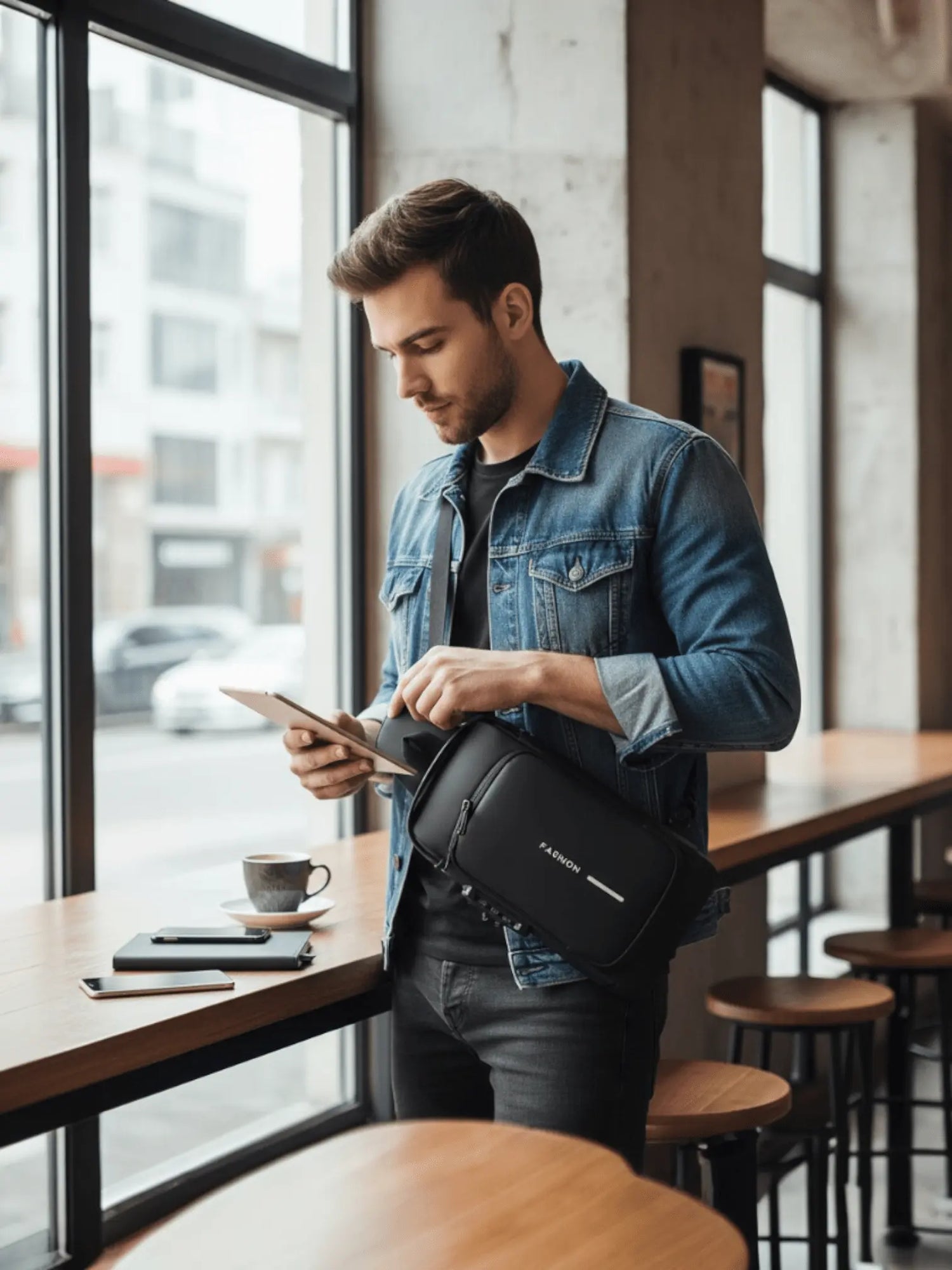 Sac de poitrine antivol homme noir avec port USB posé au café