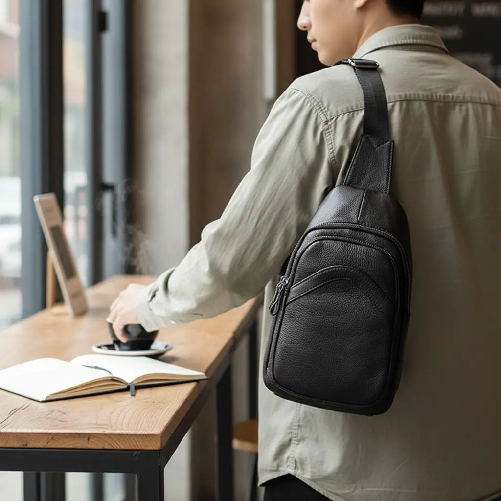 Sac de poitrine en cuir noir porté dans le dos par un homme en chemise beige