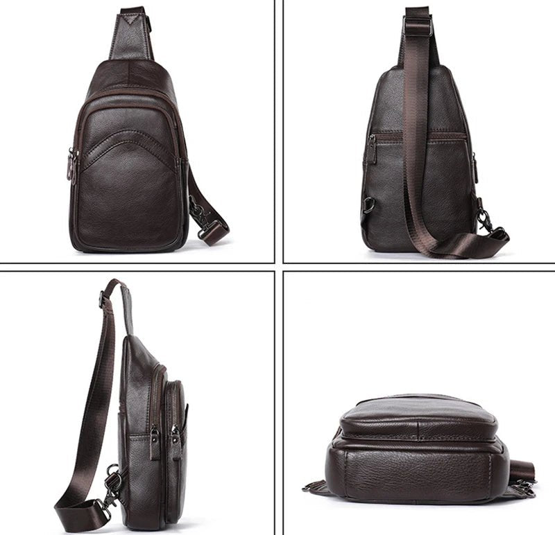 Vues multiples du sac de poitrine en cuir noir : face, dos, profil et base