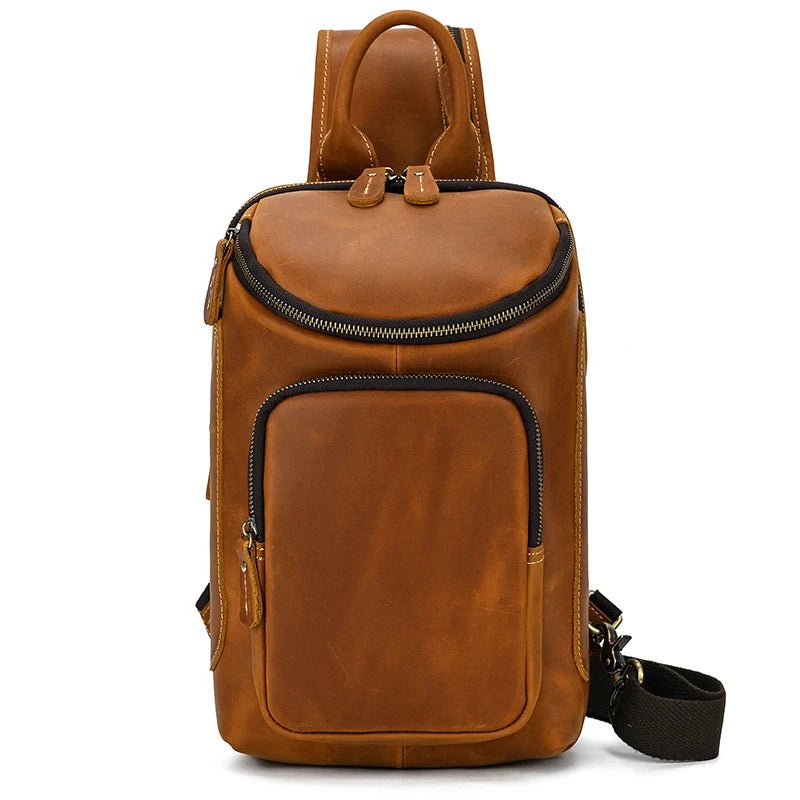 sac de poitrine en cuir véritable marron pour homme au design vertical élégant