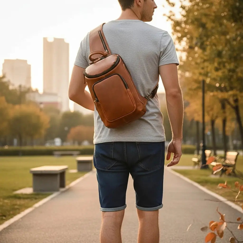 Sac de poitrine en cuir véritable pour homme au style vintage porté en extérieur