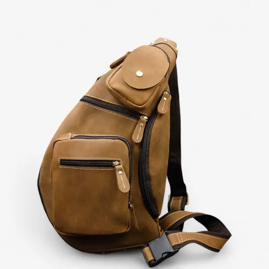 Sac de poitrine en cuir vintage marron pour homme avec multiples poches