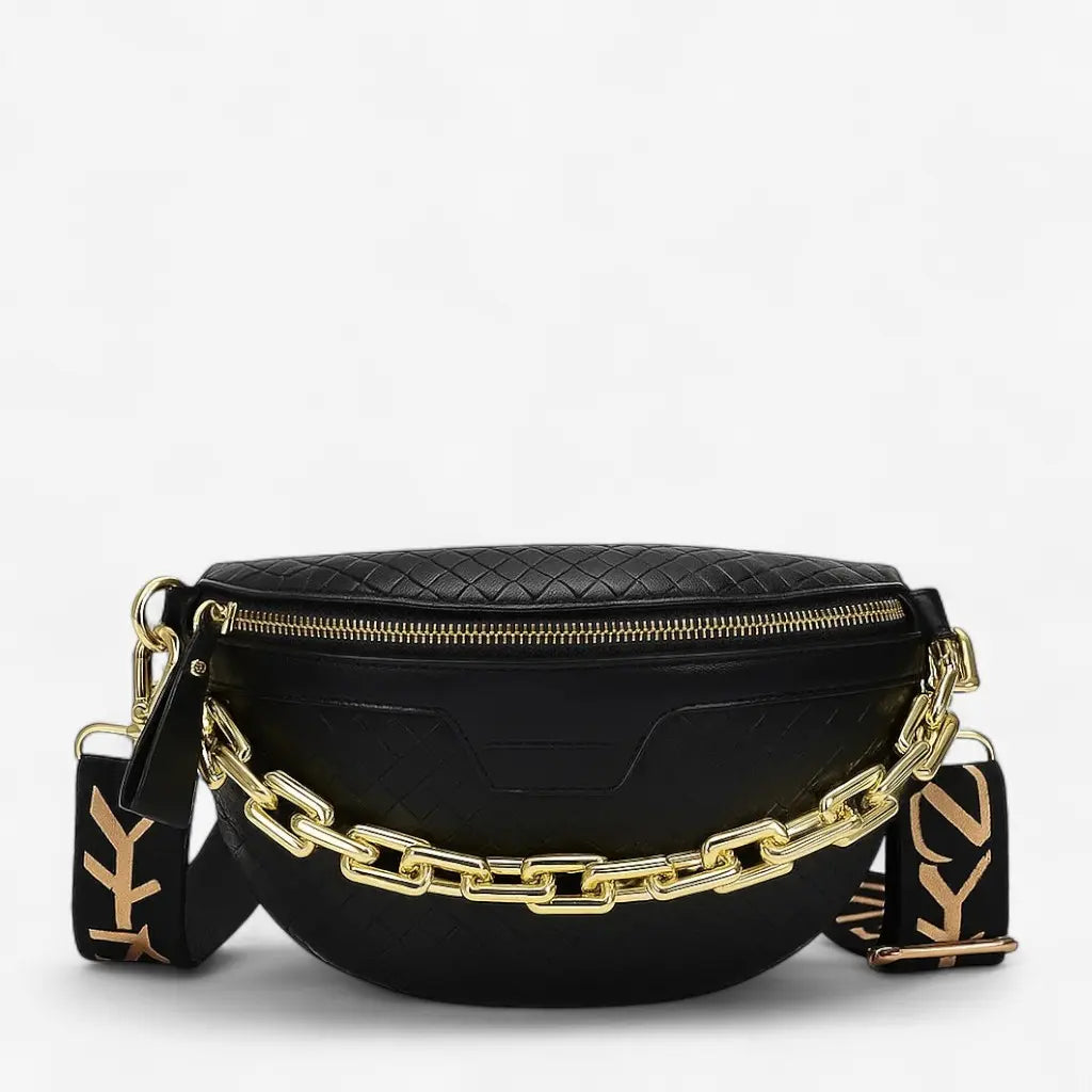 Sac de poitrine femme en cuir synthétique noir avec chaîne dorée et bandoulière imprimée