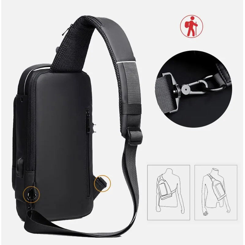 Sac de poitrine antivol homme avec différents modes de port illustrés