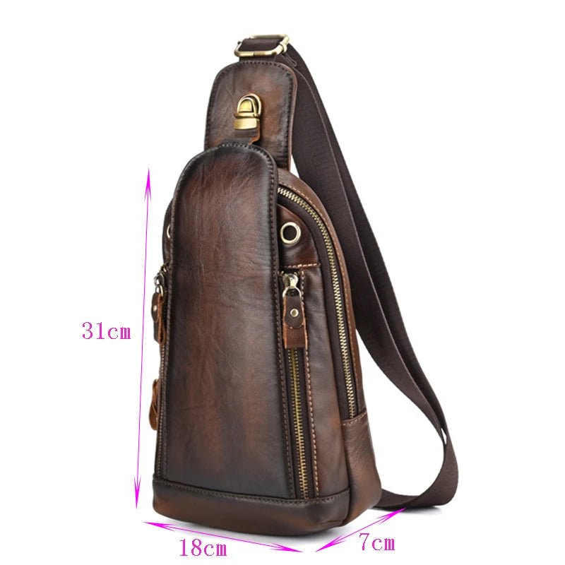 Sac de poitrine en cuir véritable pour homme, vue avec dimensions 31×18×7 cm
