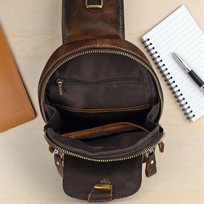 Sac de poitrine en cuir véritable pour homme, vue intérieure avec poches zippées et compartiments