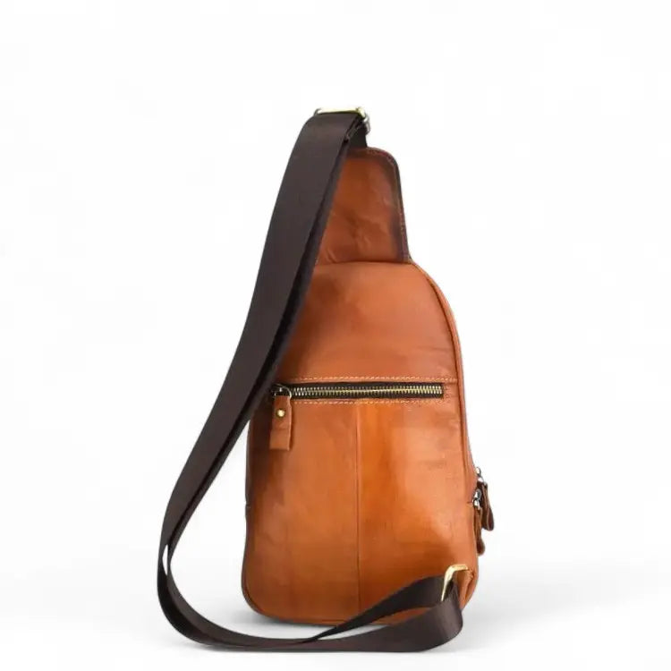 Sac de poitrine en cuir véritable pour homme, vue latérale arrière avec poche zippée