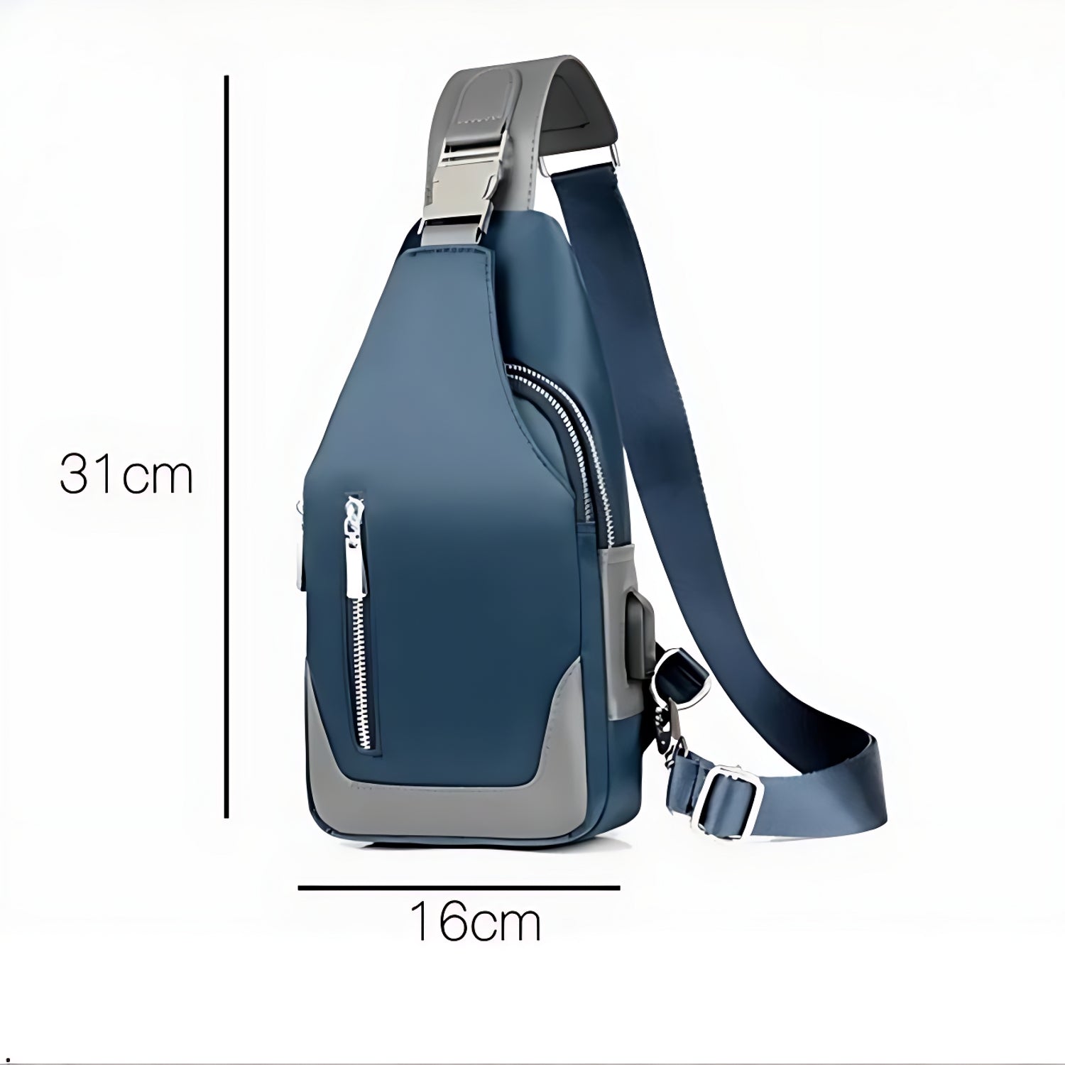 Sac de poitrine bleu avec indication des dimensions 31 × 16 cm