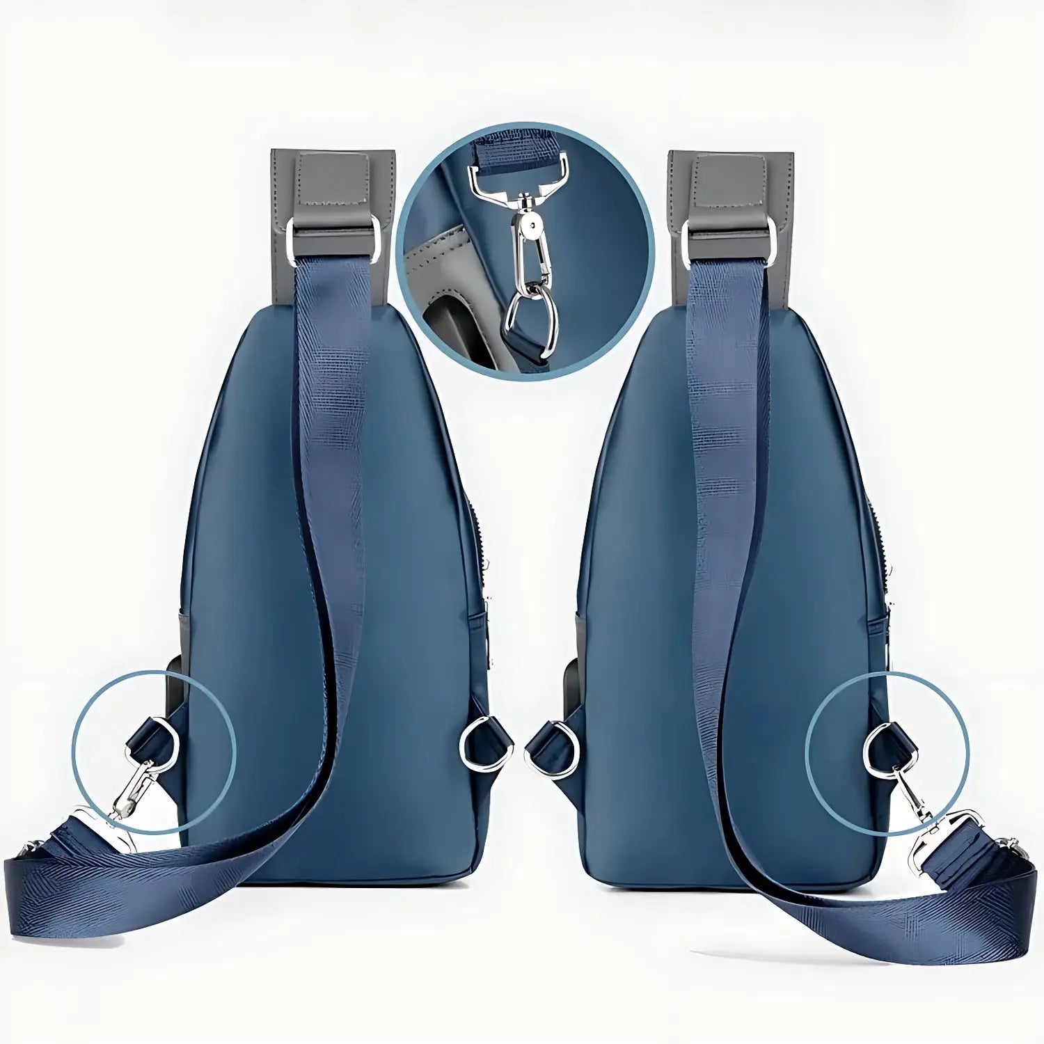 Vue arrière du sac de poitrine bleu avec sangles et attaches