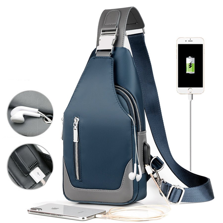 Sac de poitrine en toile Oxford bleu avec port USB comparé à un iPad