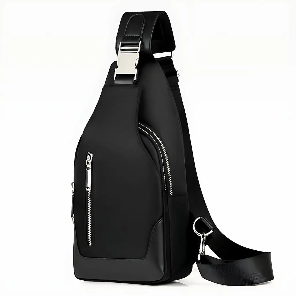 Vue arrière du sac de poitrine bleu avec sangles et attaches