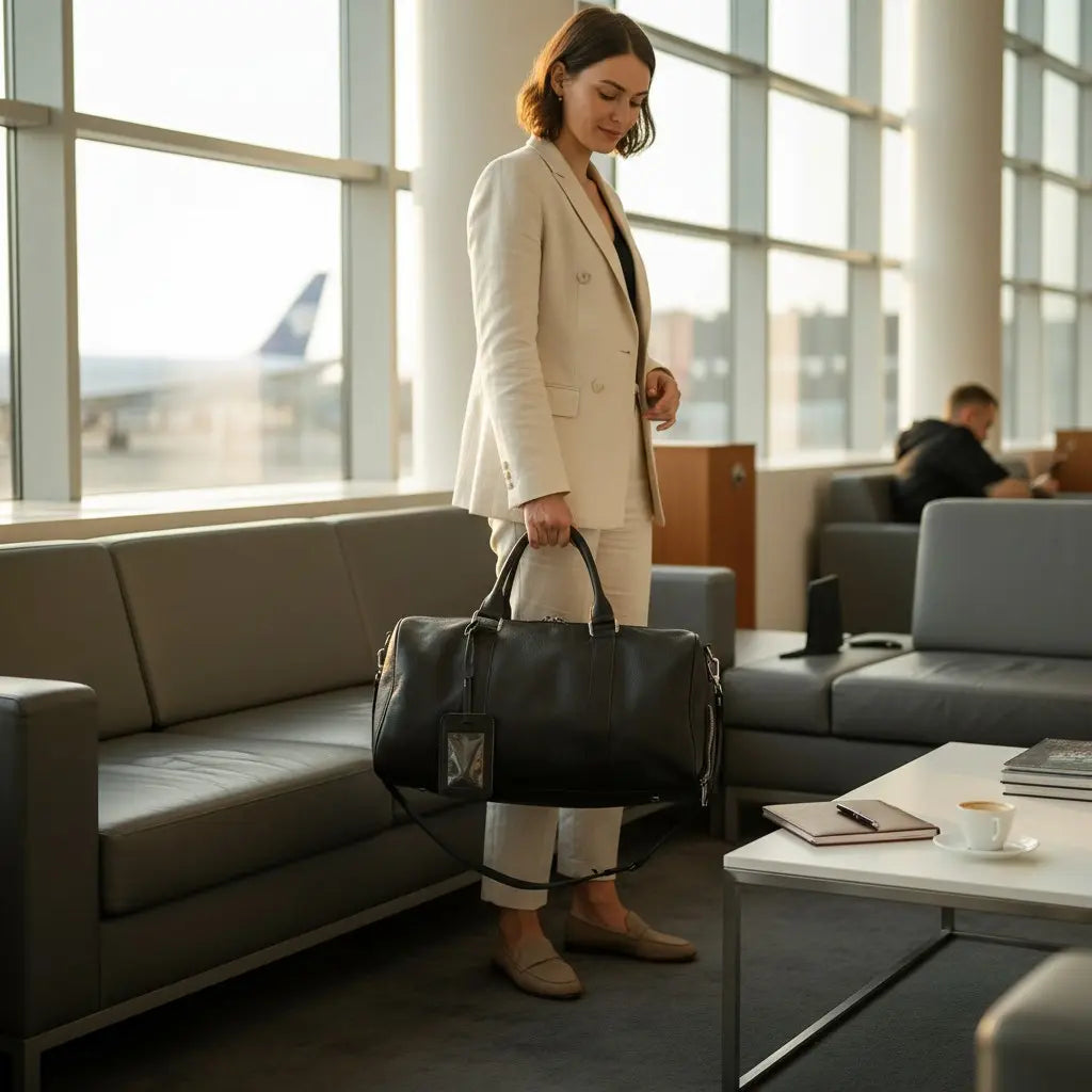 Sac polochon en cuir véritable noir porté à la main dans un salon d’aéroport, format cabine élégant et compact.