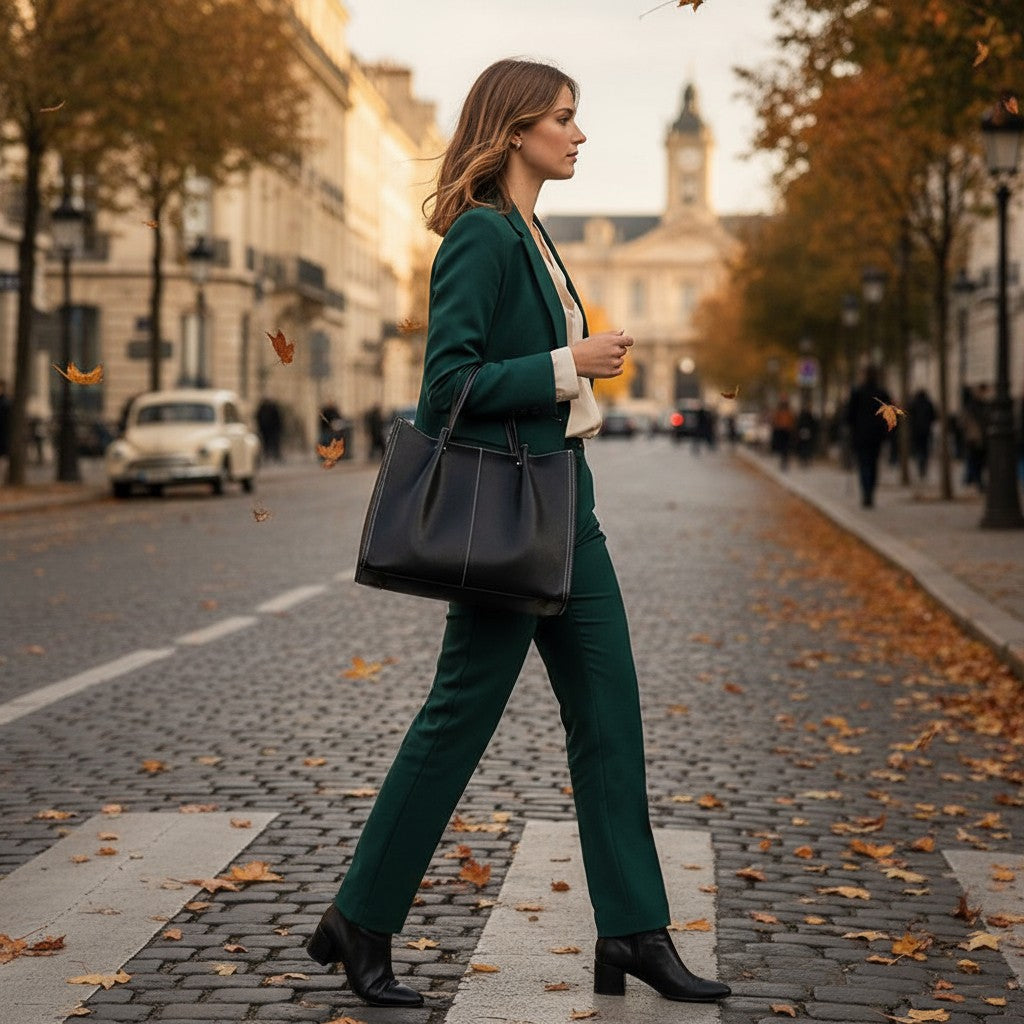 Femme élégante portant un sac en cuir vert foncé à l’épaule en marchant sur une avenue.