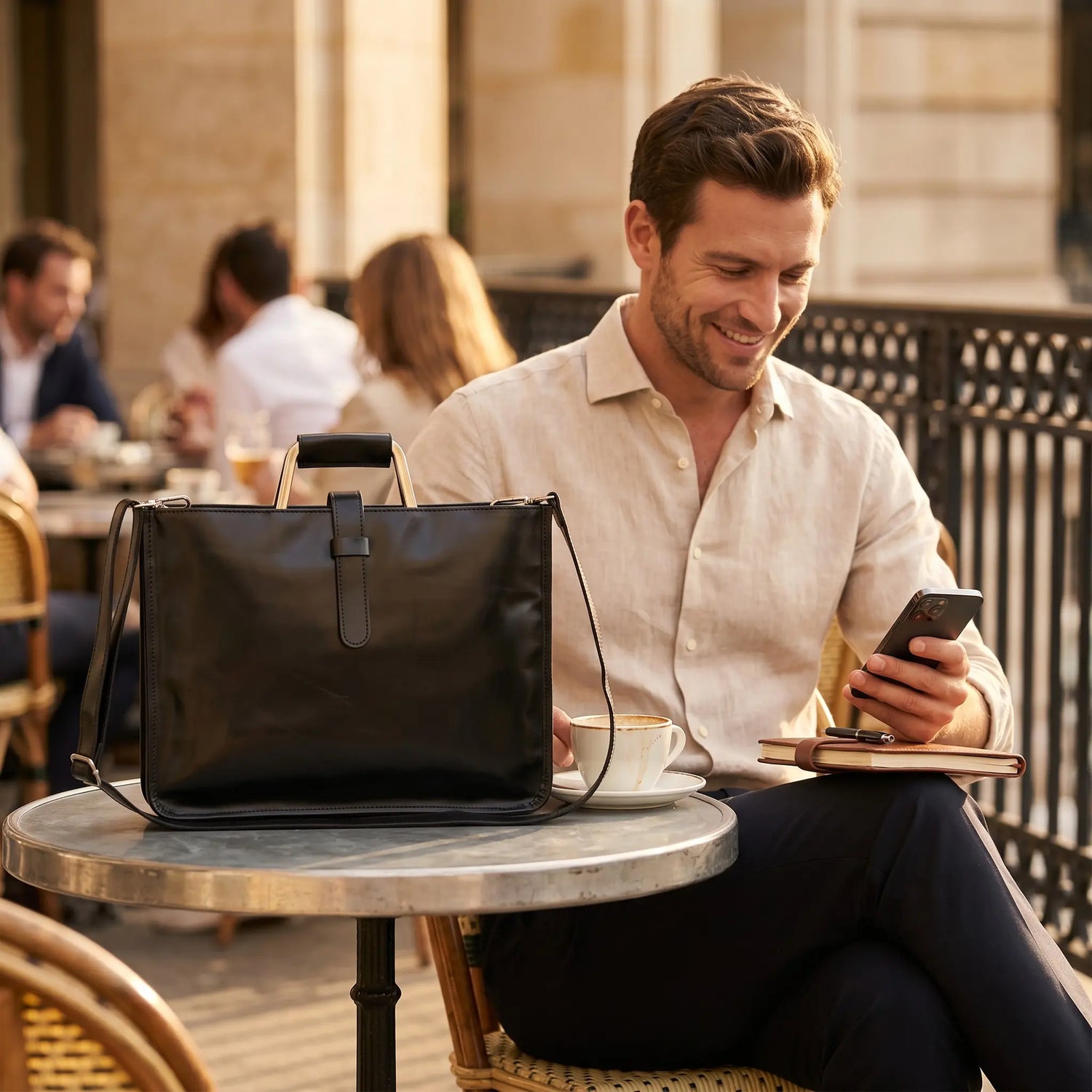 Porte-documents en cuir noir posé sur une table de café avec ordinateur et téléphone