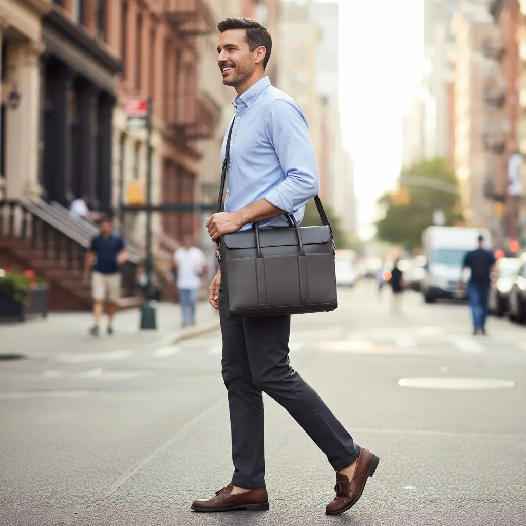 Sac porte-documents homme en cuir pleine fleur porté lors d'un déplacement professionnel