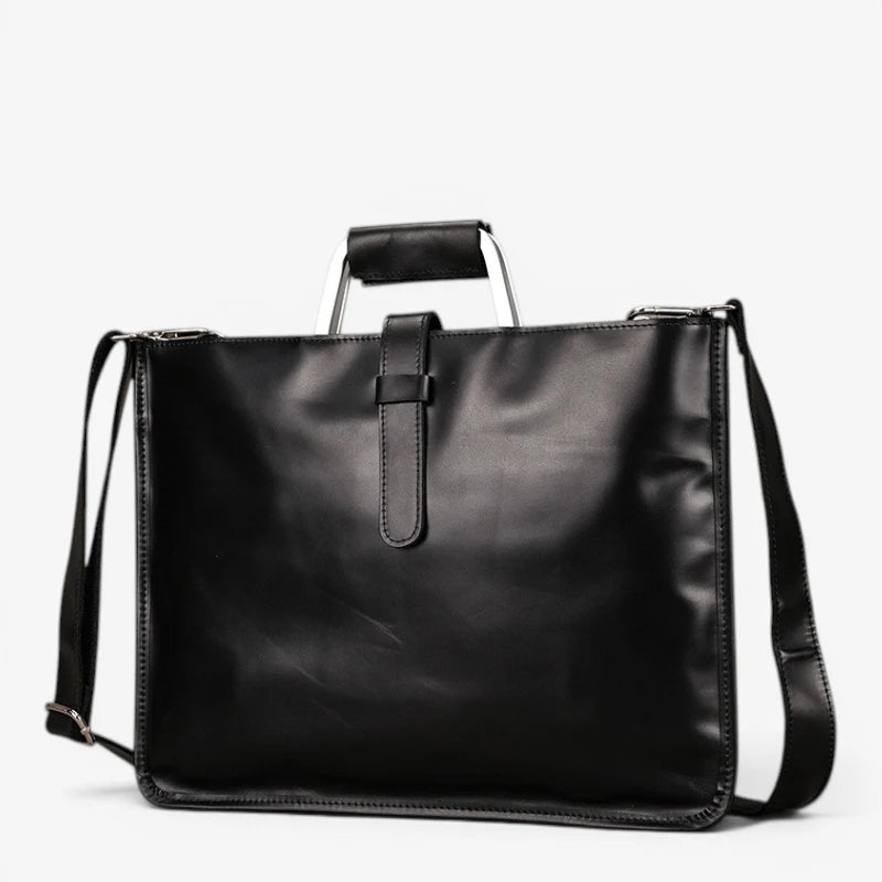 Sac porte-documents en cuir noir pour homme avec bandoulière réglable et fermeture zippée