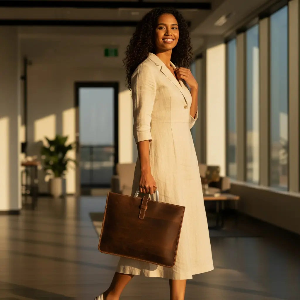 Sac porte-documents en cuir marron foncé porté par une femme avec bandoulière réglable