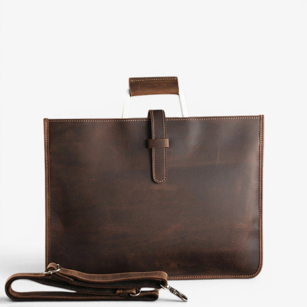 Sac porte-documents en cuir marron foncé pour homme et femme avec poignée métallique et bandoulière réglable