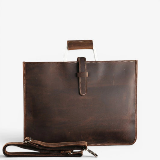 Sac porte-documents en cuir marron foncé pour homme et femme avec poignée métallique et bandoulière réglable