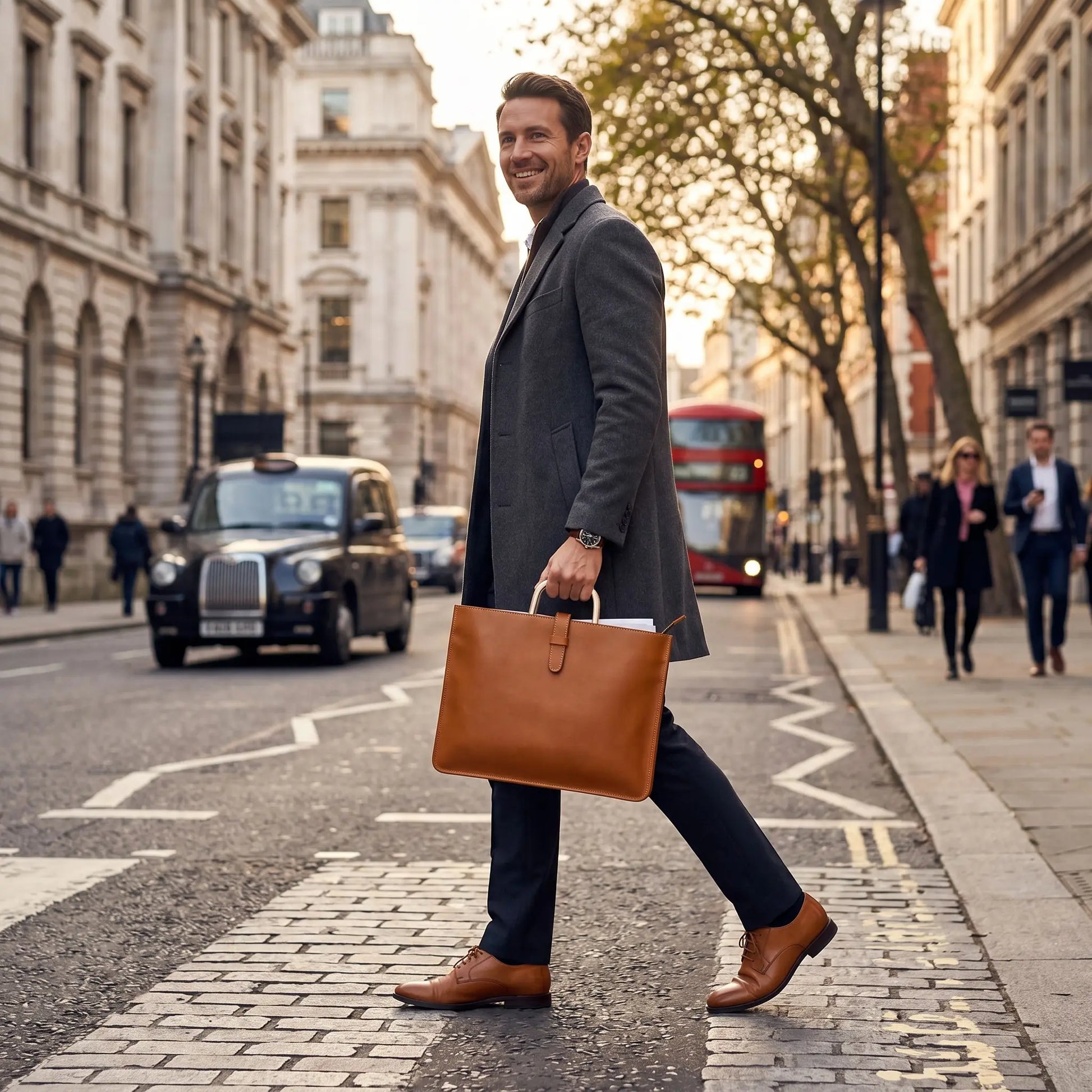 Sac porte-documents en cuir marron pour homme avec bandoulière réglable en milieu urbain
