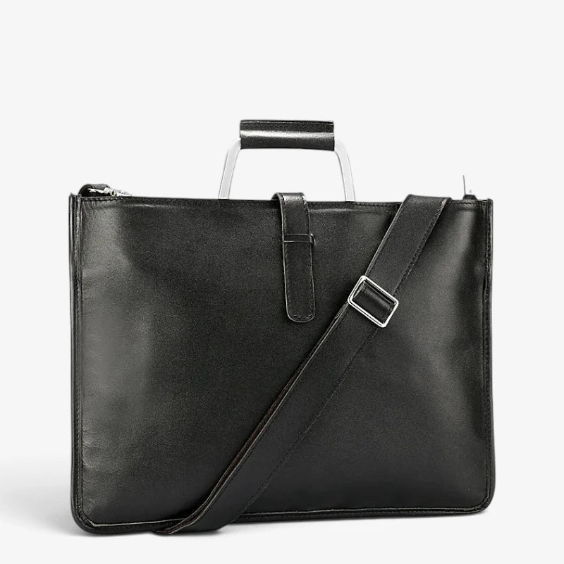 Sac porte-documents en cuir noir pour homme et femme avec bandoulière réglable et fermeture zippée