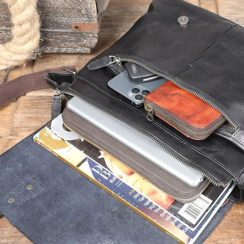 Sac porte-documents en cuir noir avec rangement pour ordinateur portable